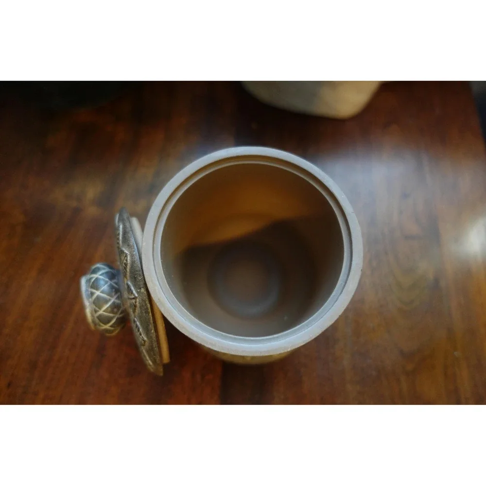 Vintage‎ ceramic brown and cream color lidded canister with leaf design